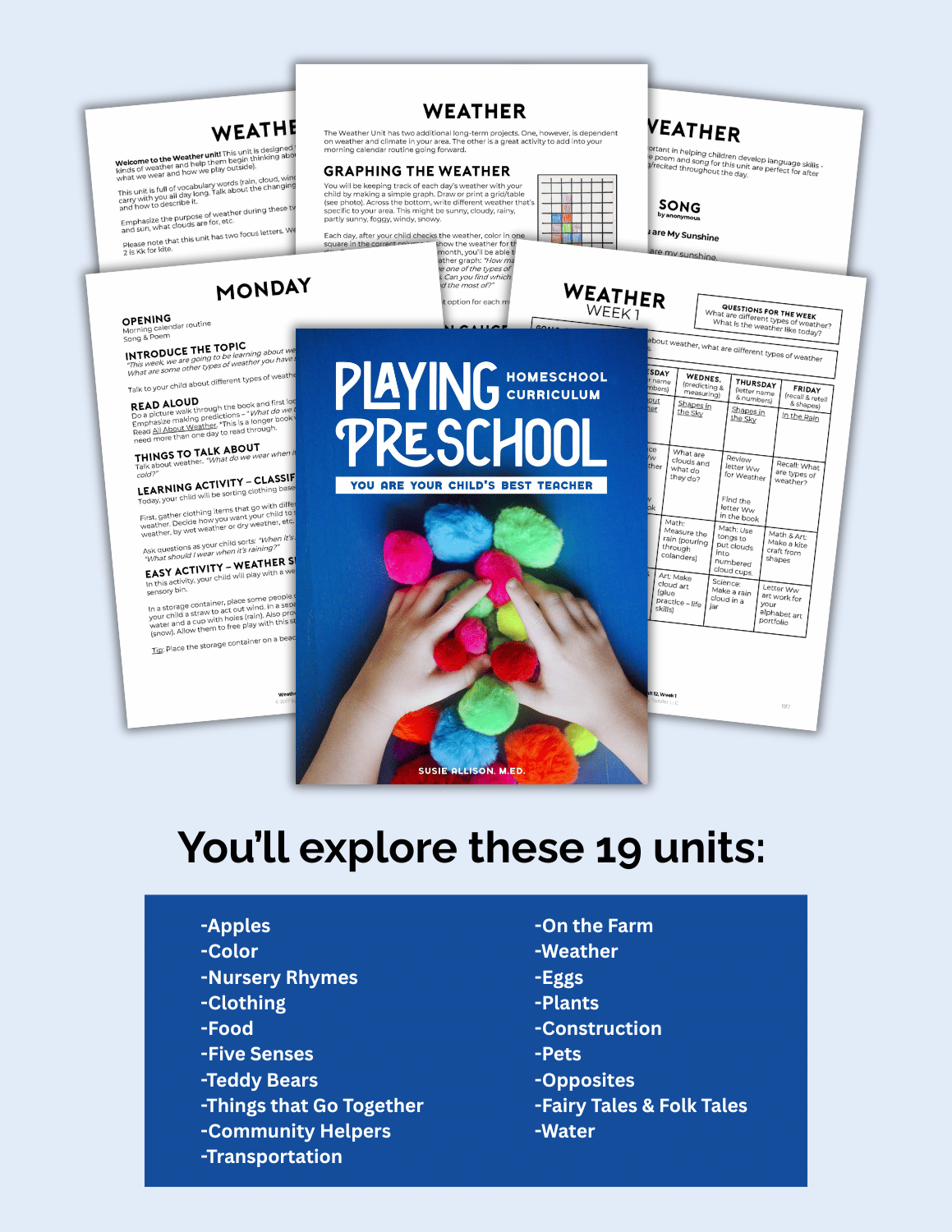 Overview of Playing Preschool Year 1 collage of samples and unit themes