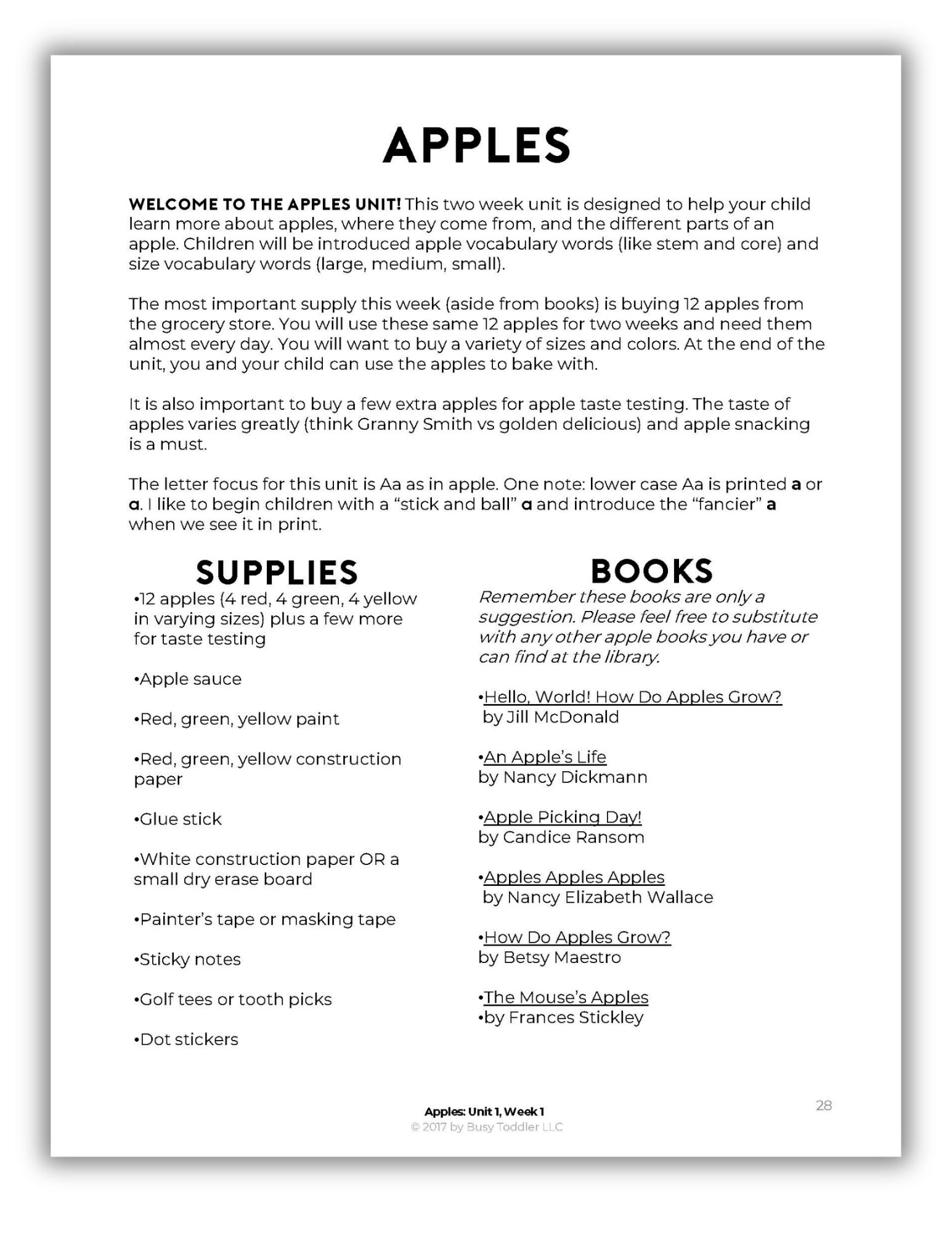 Sample spread of Playing Preschool Year 1 - Unit Books and Supplies for Apples
