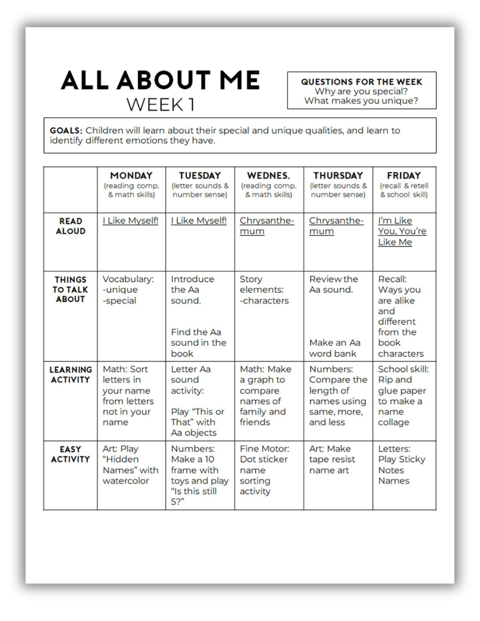 Sample spread of Playing Preschool Year 2 - Week 1, Unit 1 All About Me grid