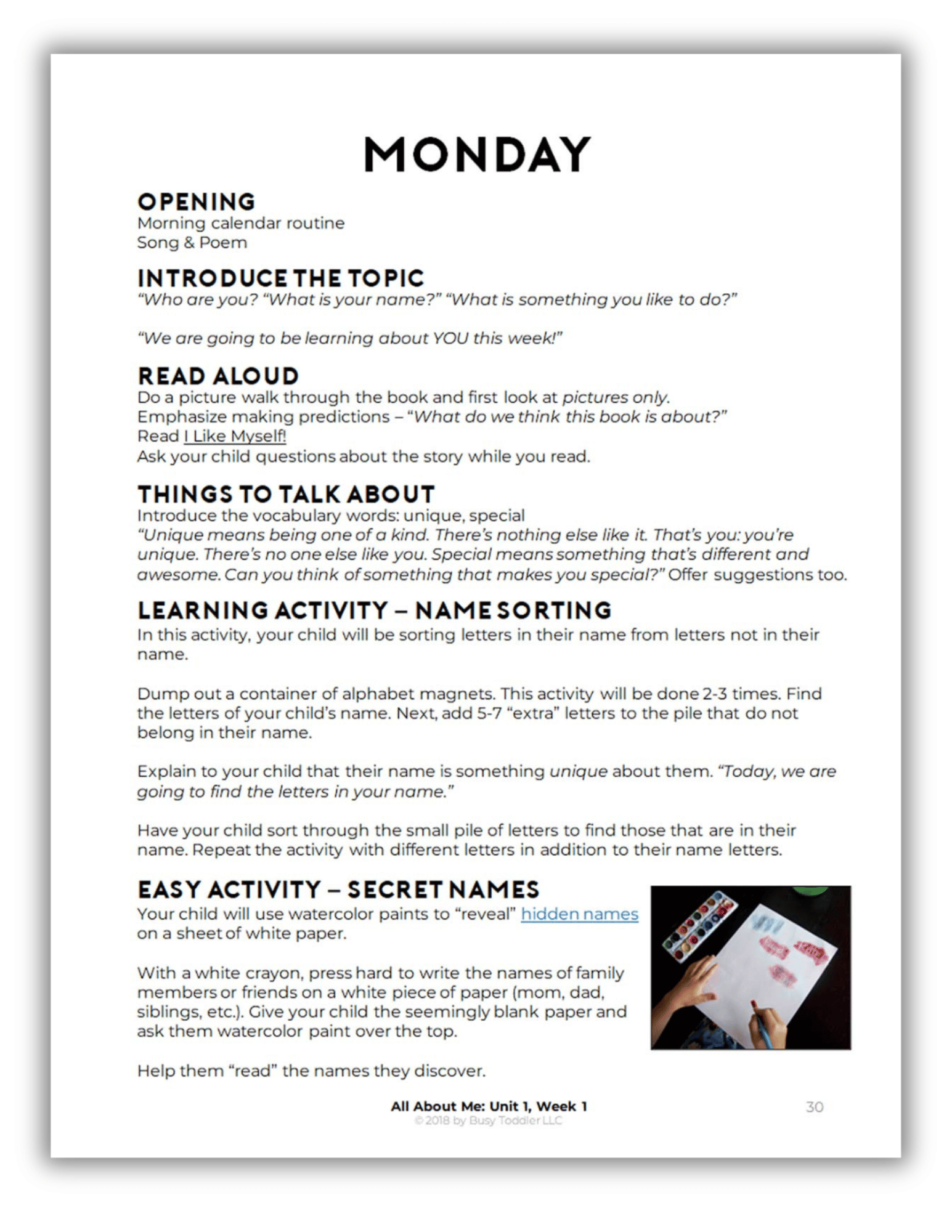 Sample spread of Playing Preschool Year 2 - Monday Lesson Plan